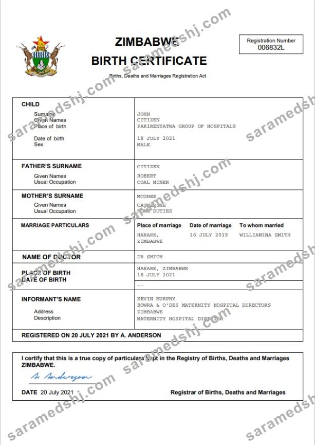 Zimbabwe vital record birth certificate Word and PDF template